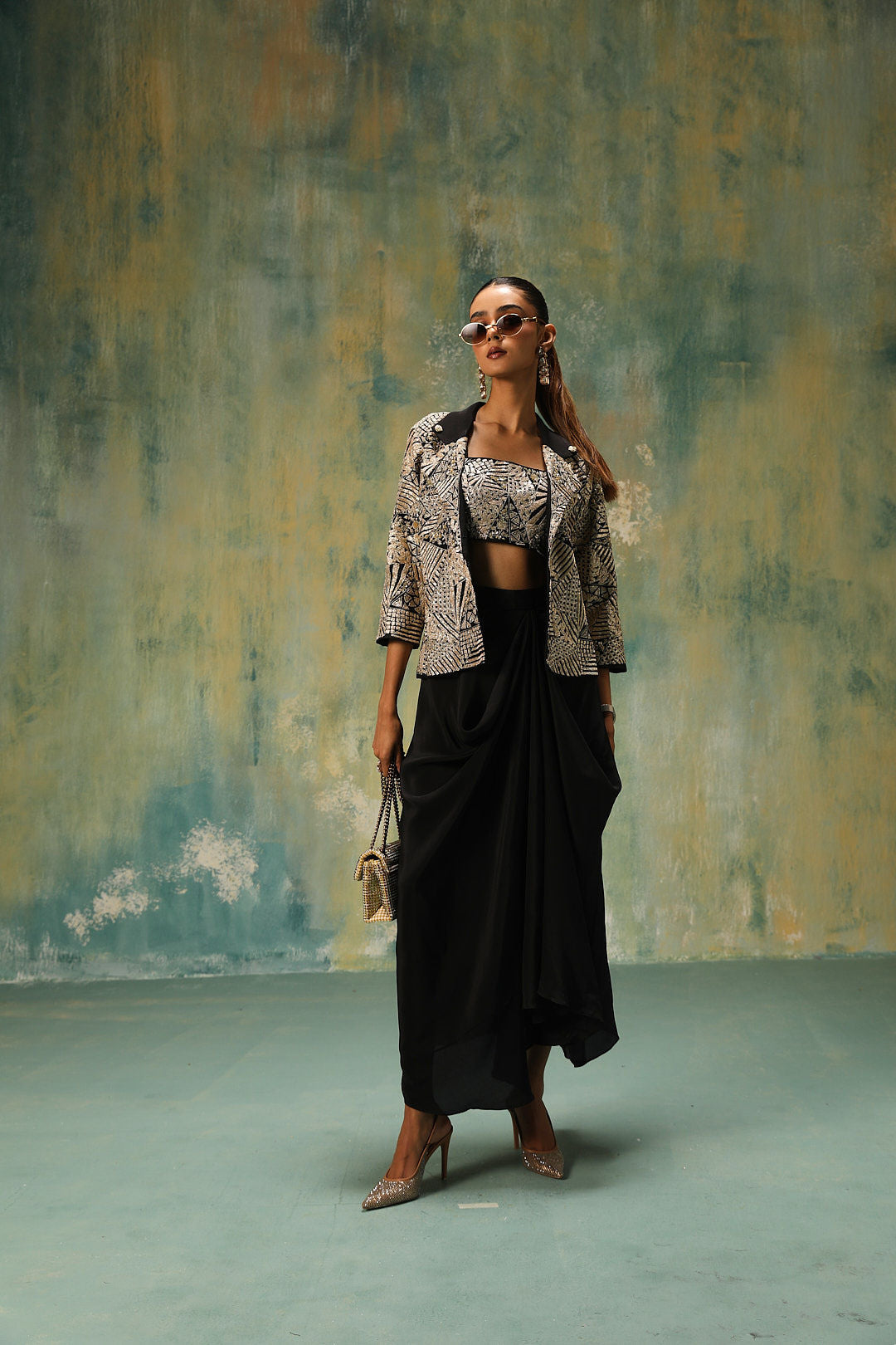 Abigail: Black and Gold Dhoti Skirt Ethnic Sets