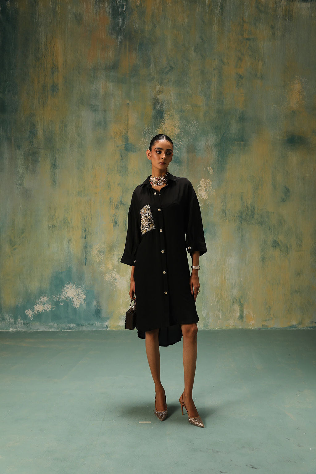 black gold shirt dress Tiered Collared Shirt Dress