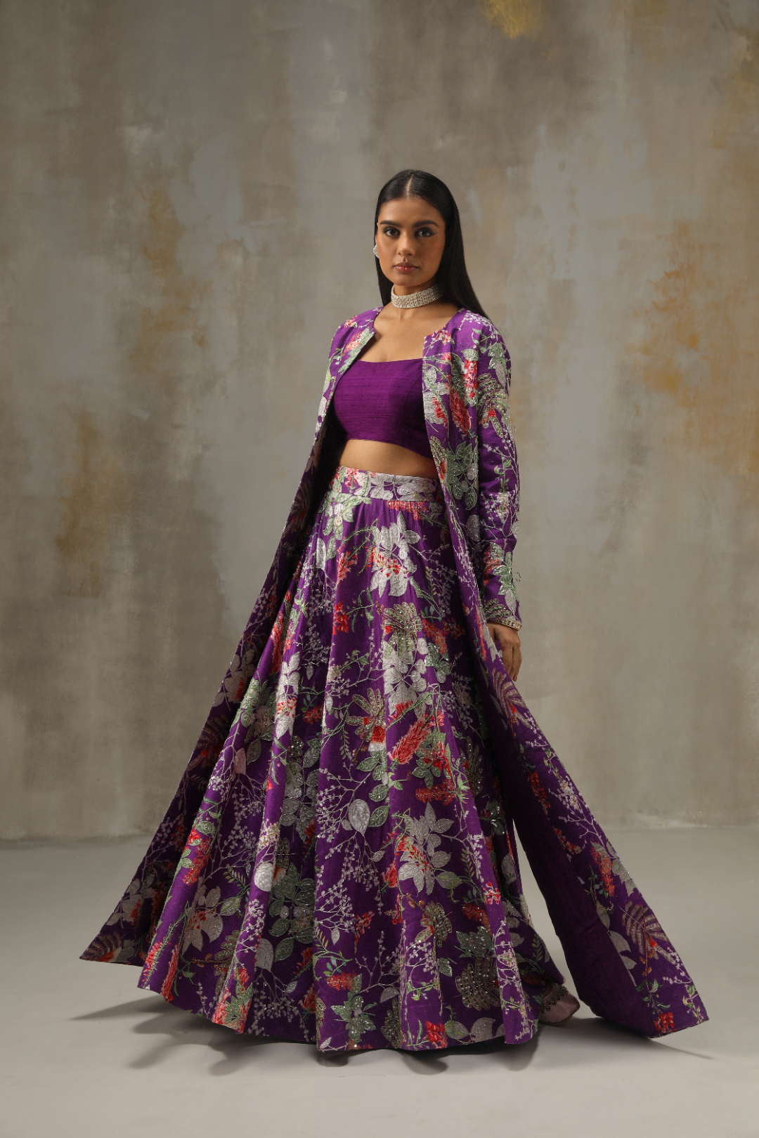 Exquisite Purple Floral Lehenga with Cami Blouse and Printed Jacket
