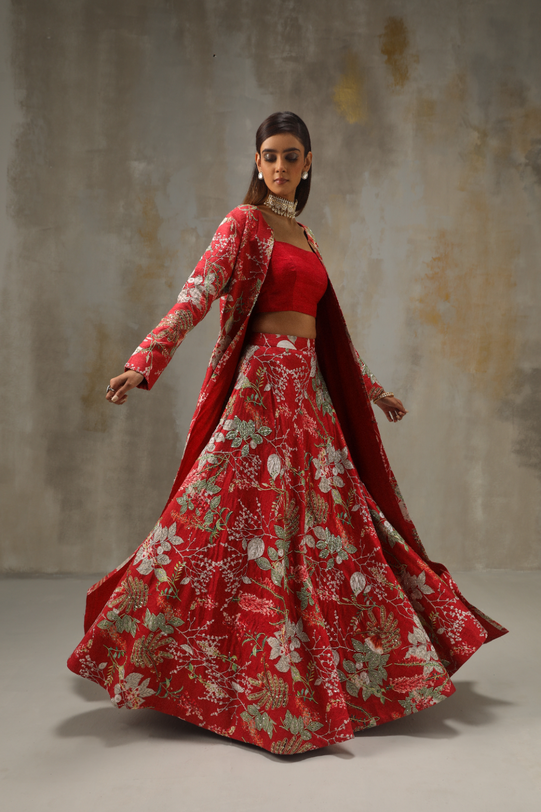 Exquisite Purple Floral Lehenga with Cami Blouse and Printed Jacket