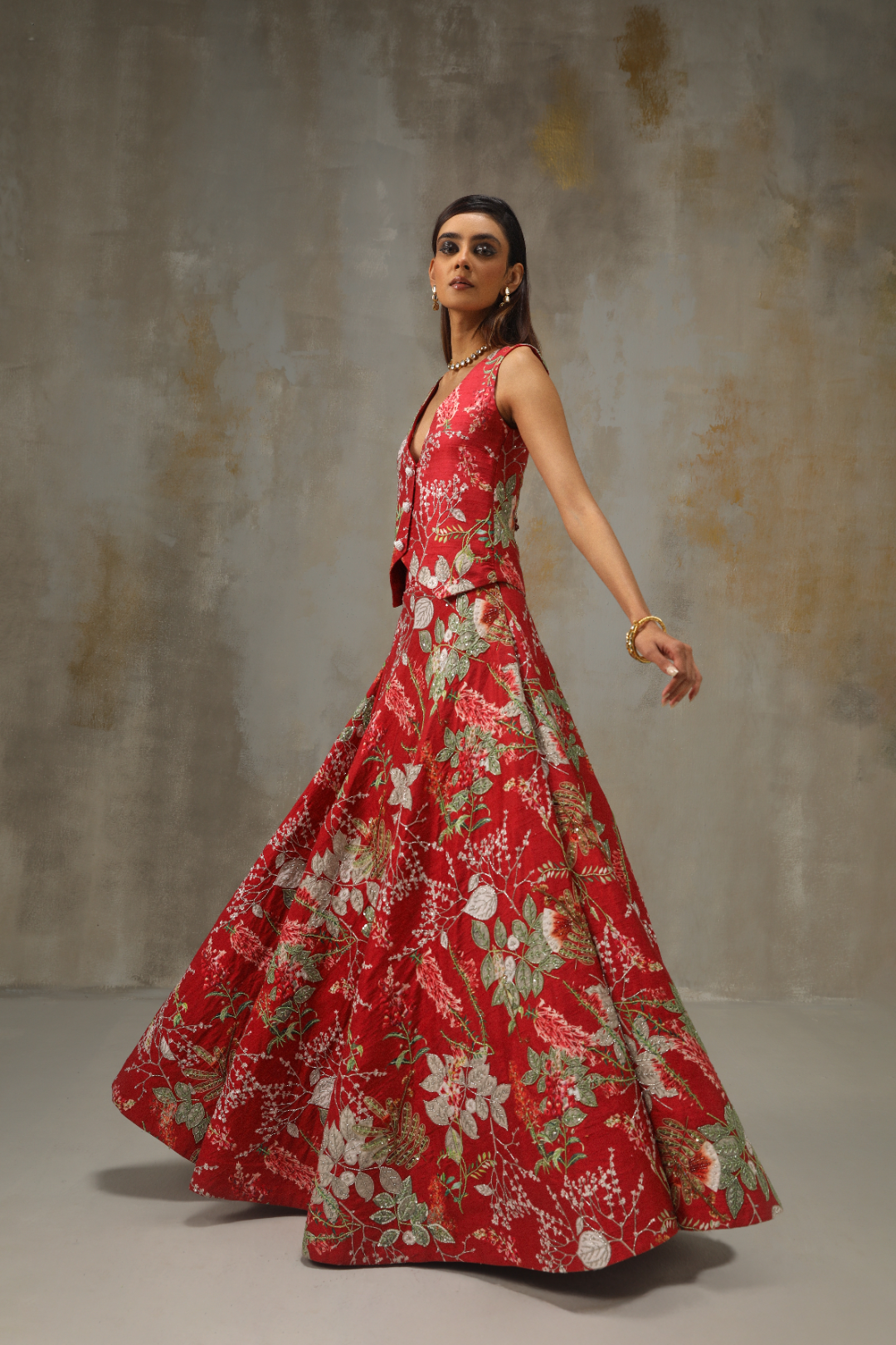 Elegant Floral Printed Waistcoat with Lehenga