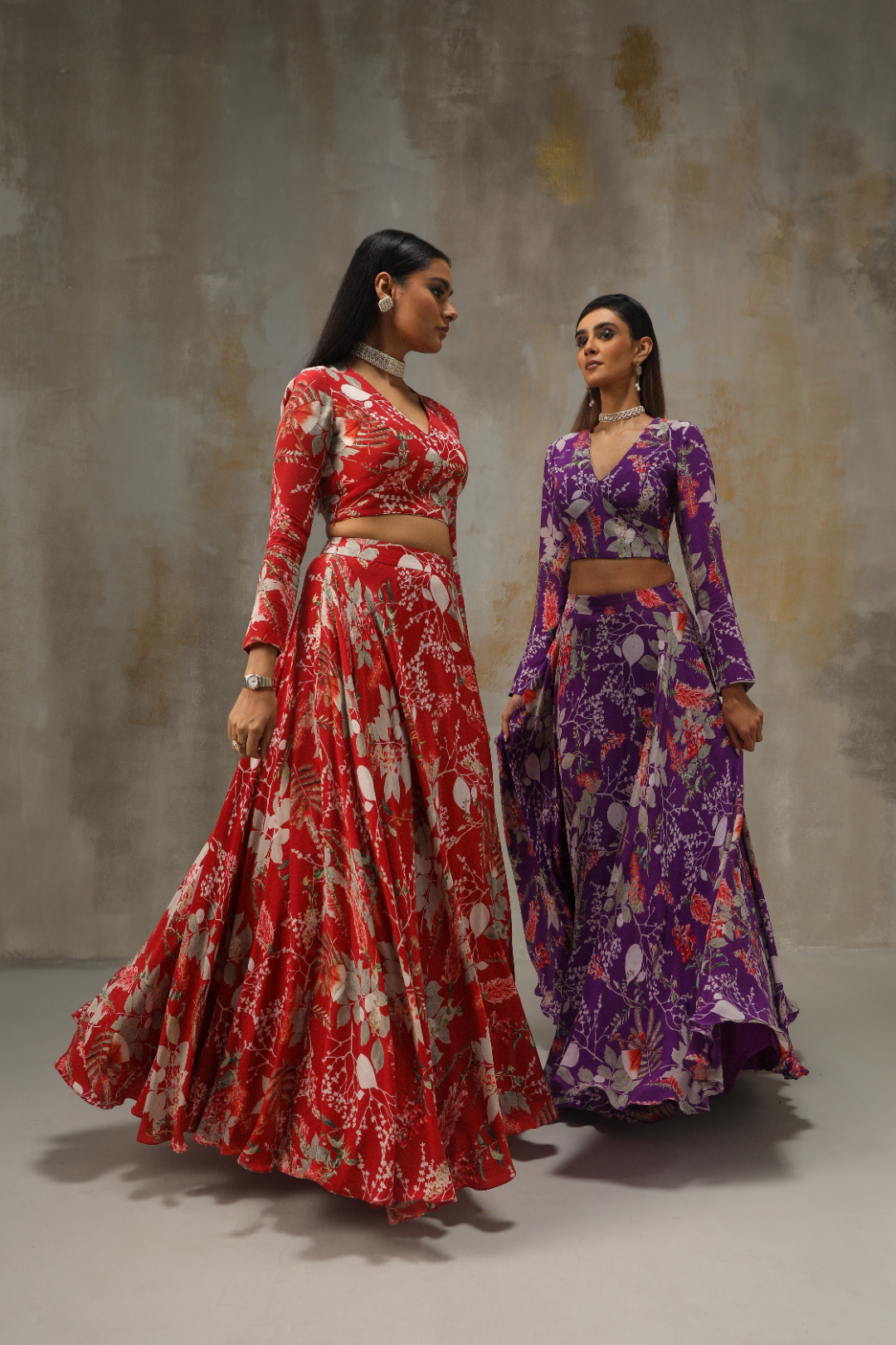 Purple Floral Lehenga with Printed V-Neck Blouse