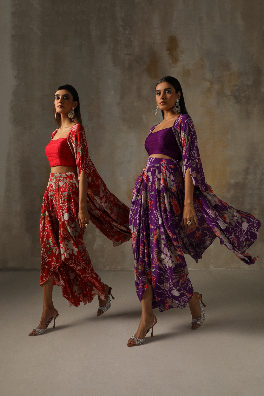 Elegant Purple Floral Dhoti Set with Spaghetti Blouse and Cape
