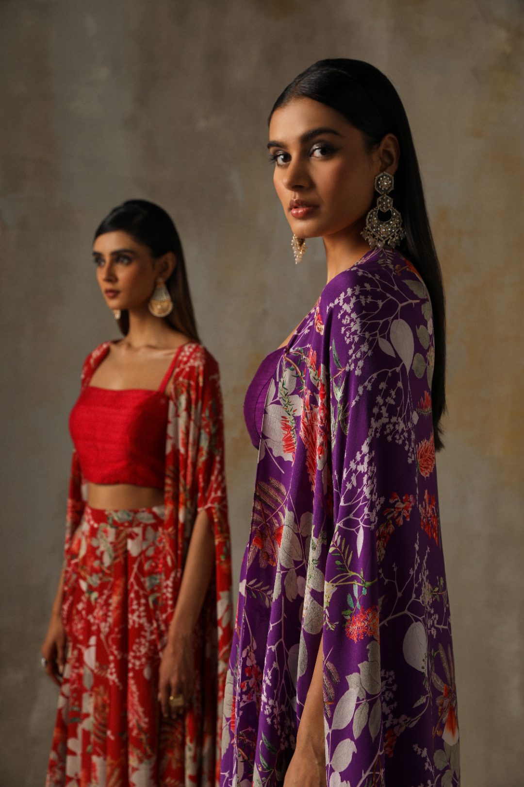 Elegant Purple Floral Dhoti Set with Spaghetti Blouse and Cape