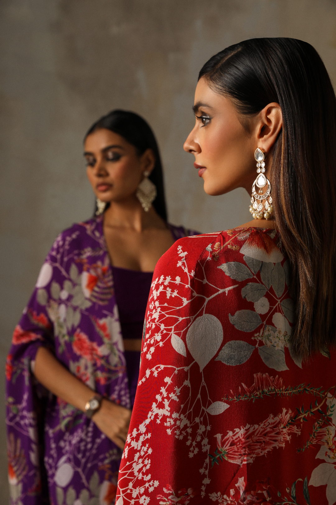Elegant Purple Floral Dhoti Set with Spaghetti Blouse and Cape