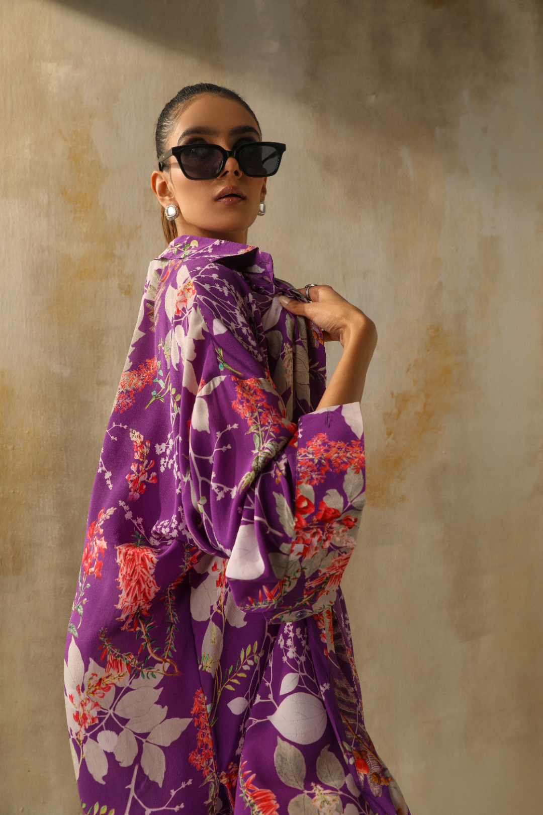 Stylish Purple Floral Printed Blouse with Matching Pants and Long Shirt