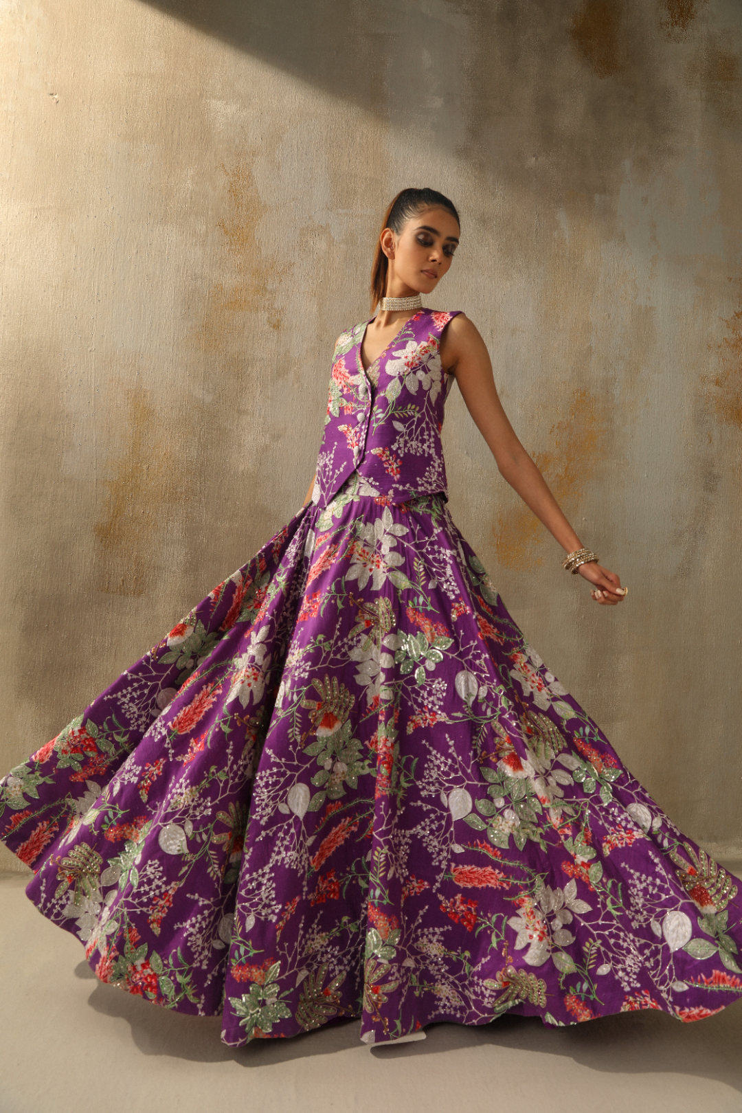 Elegant Floral Printed Waistcoat with Lehenga