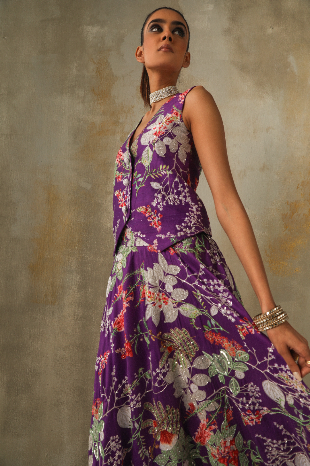 Elegant Floral Printed Waistcoat with Lehenga