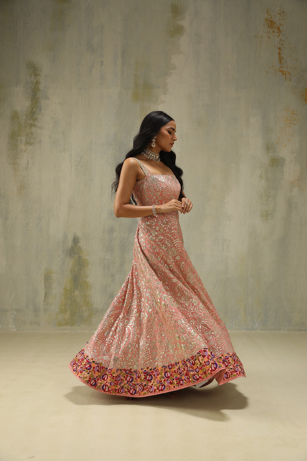 Saira : Embroidered Gown in Baby Pink