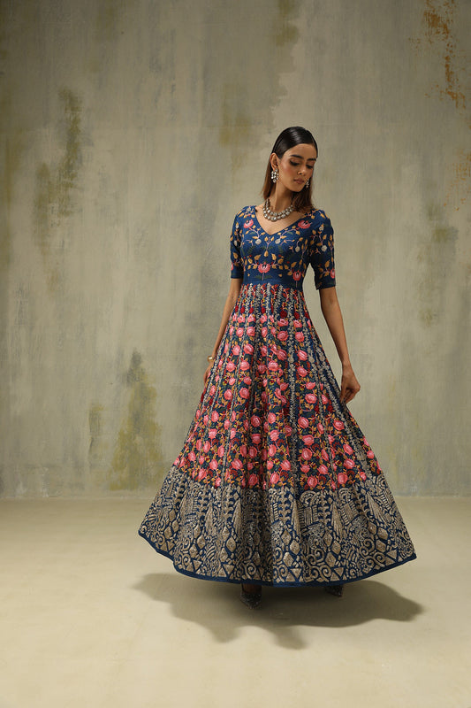 Noori : Embroidered Gown in Blue and Pink