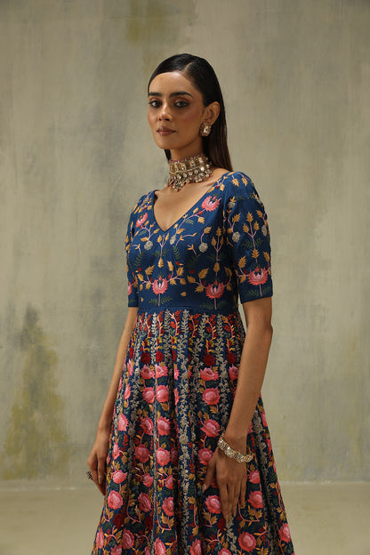 Noori : Embroidered Gown in Blue and Pink