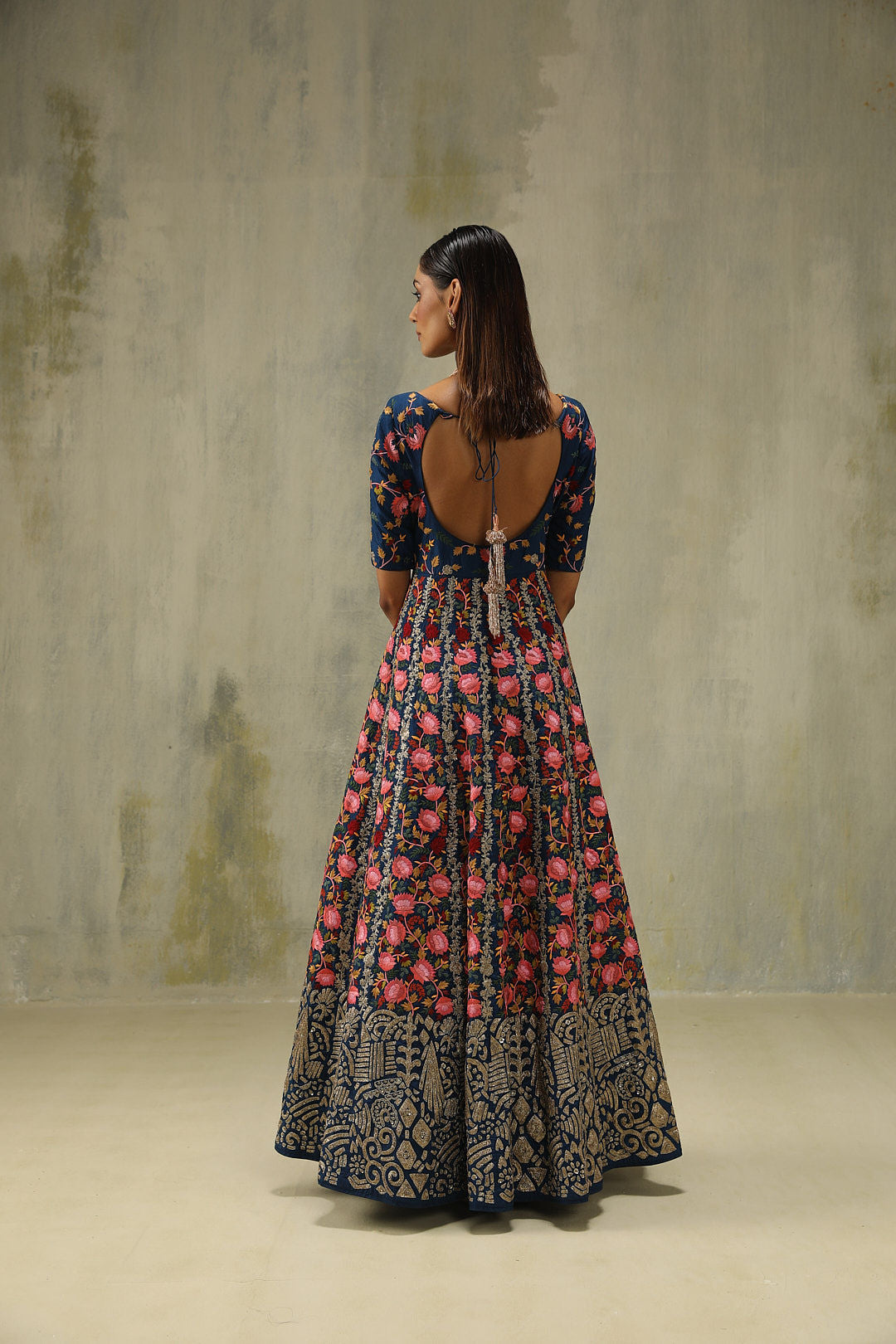 Noori : Embroidered Gown in Blue and Pink