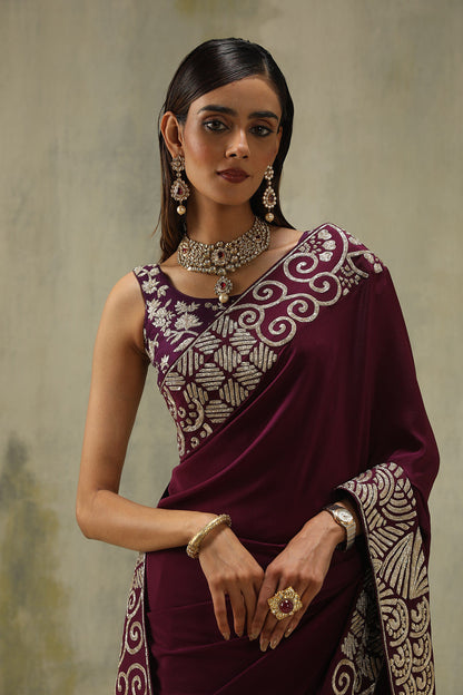 Noor : Embroidered Sari Set in Burgundy