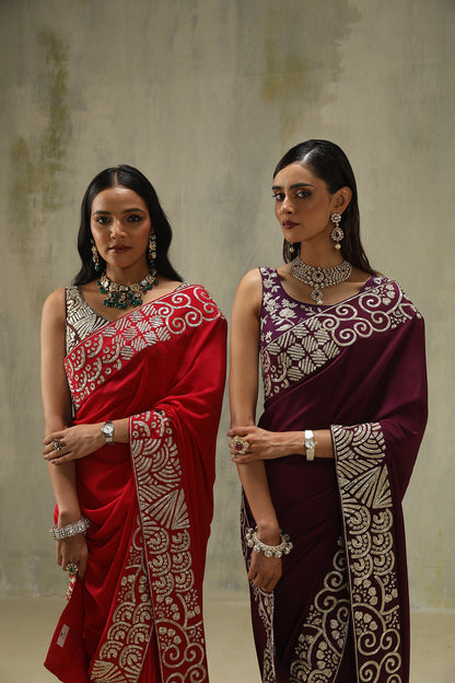 Noor : Embroidered Sari Set in Red