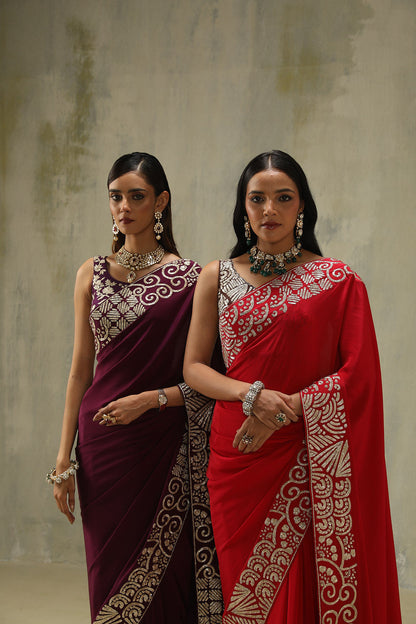 Noor : Embroidered Sari Set in Red