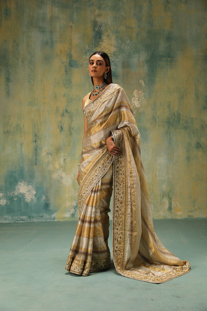 Aarya: Handwoven Stripe Tissue Silk Saree