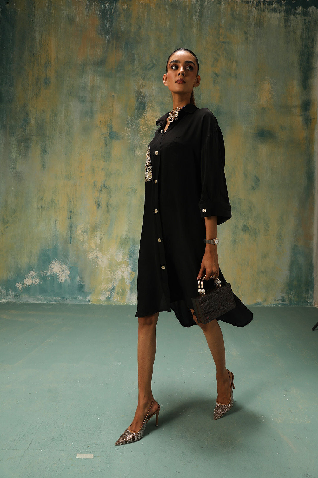 Edith: Black and Gold Shirt Dress