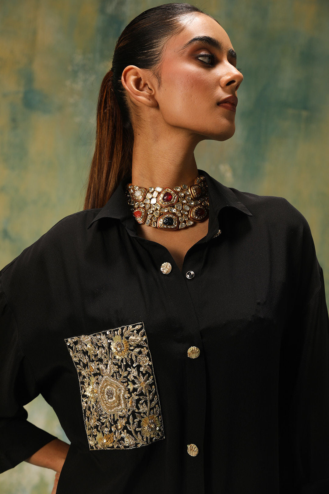 black gold shirt dress Black & Gold Printed Shirt Dress (S)