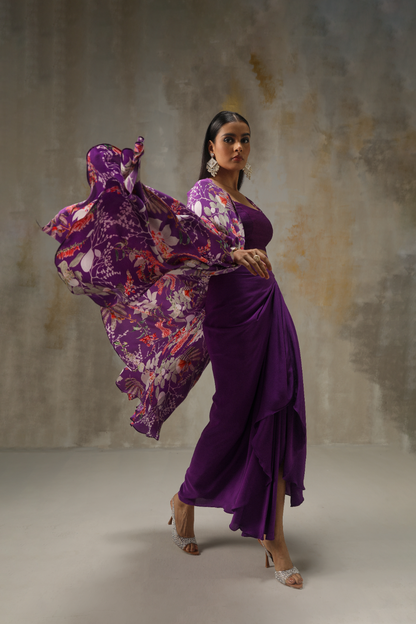 Chic Solid Purple Dhoti with Spaghetti Top and Floral Printed Cape.