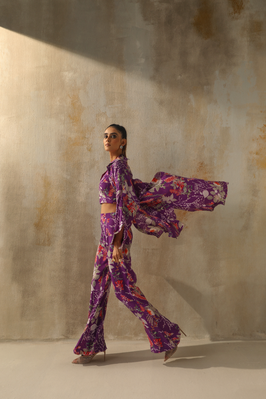 Stylish Purple Floral Printed Blouse with Matching Pants and Long Shirt